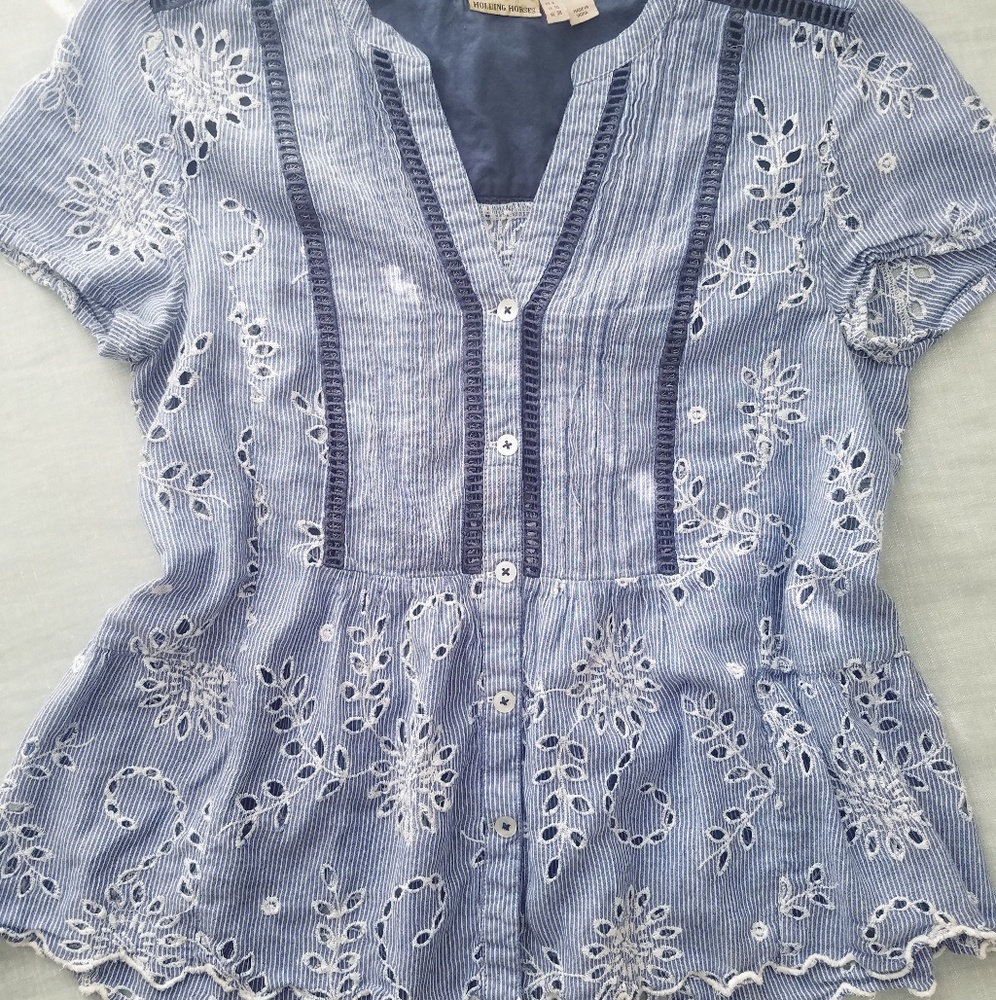 Anthropologie Holding Horses Blue Embroidered Top